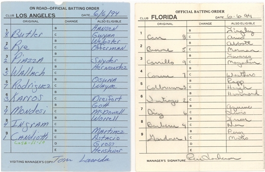 1994 Los Angeles Dodgers Road Line Up Card from June 6, 1994 - Mike Piazzas 1st Career Grand Slam